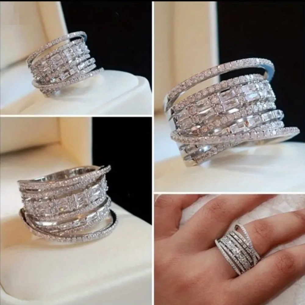 Solid 925 Sterling Silver Crossover Multi layered Statement Ring-Wedding-ring-Cz